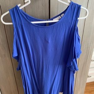 bright blue cold shoulder top